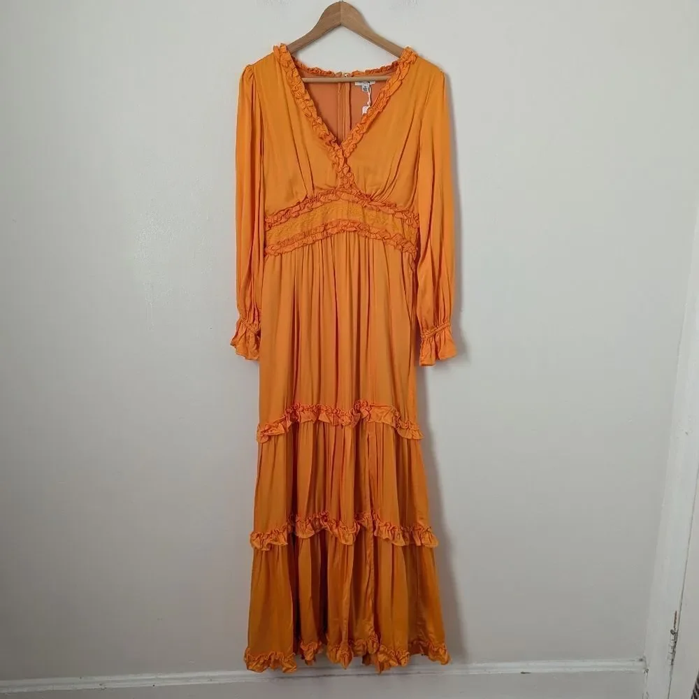 NWT BTFL-Life Free People tangerine orange ruffle tiered lace maxi dress
